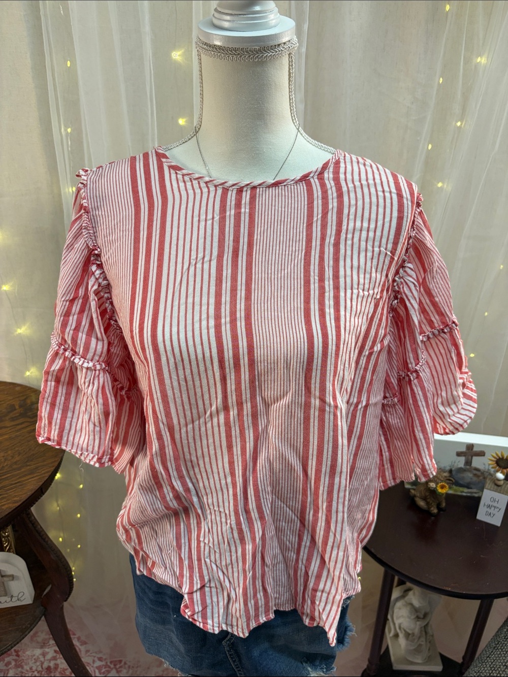 H&M Red & White Striped Ruffle Sleeve Blouse